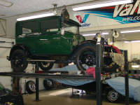 29 Ford Model A. A fresh restoration from another shop that didn't finish their job.  A plugged radiator, blown head gasket and poorly rebuilt brakes is all it took to get this car where it should've have been when it was finished.